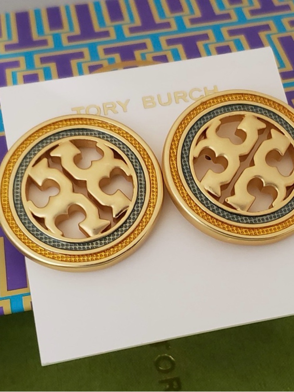 Tory burch huge stud logo earrings round icon earrings gold tone New